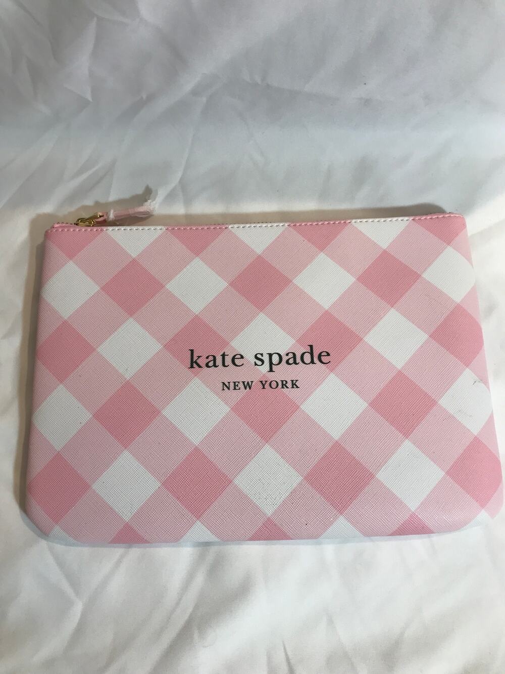 KATE SPADE New York Pink & White Argyle Zip Pouch Clutch Cosmetic Bag 10.5”